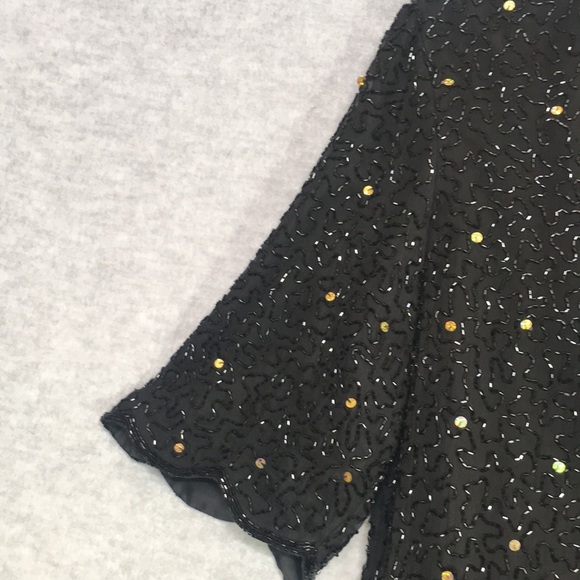 BEADED SILK Sequined Evening Special Occasion Formal Dressy w/Scalloped Edges - Picture 6 of 14